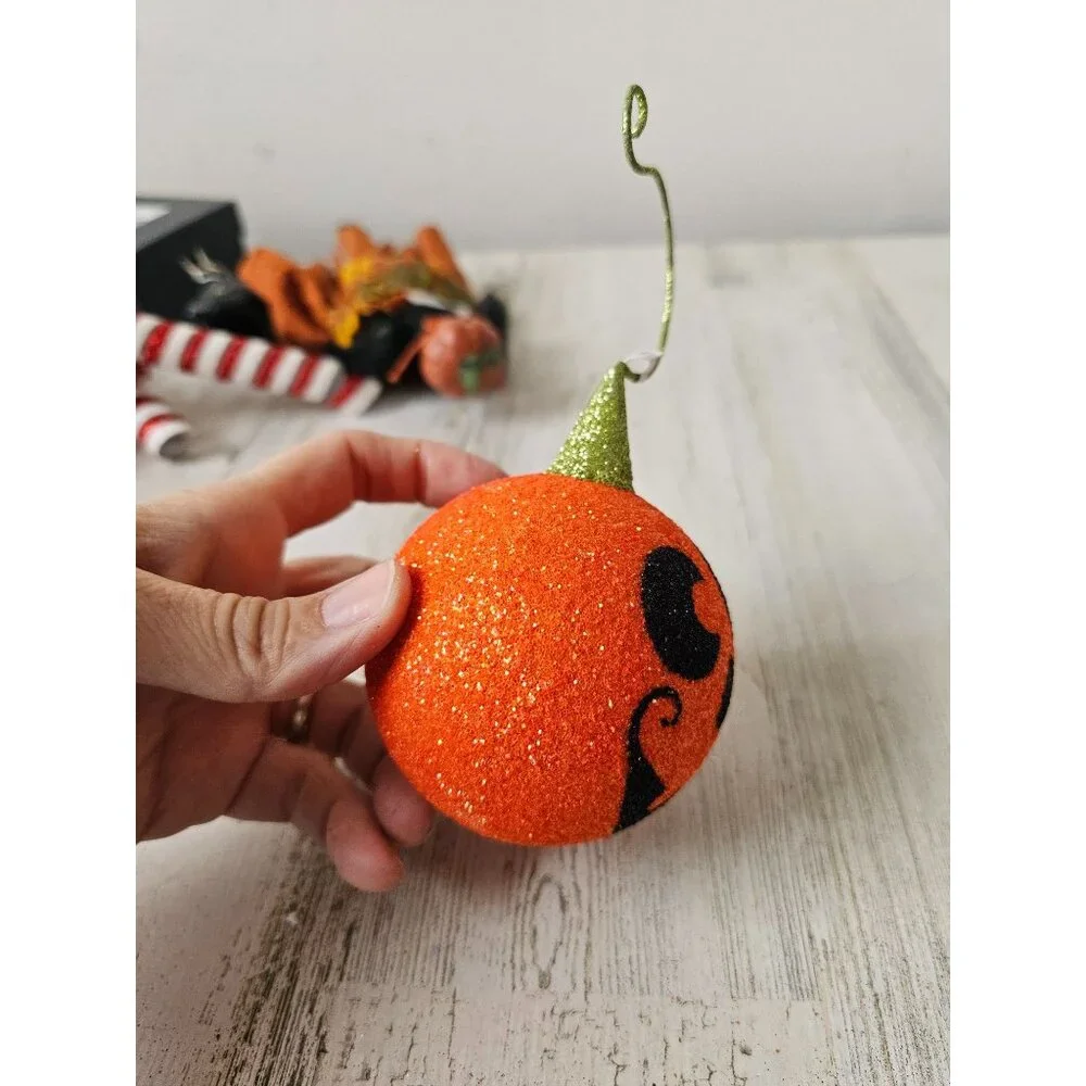 Pier‎ 1 pumpkin jack-o'-lantern glitter ornament RARE sparkle frayer Xmas tree
